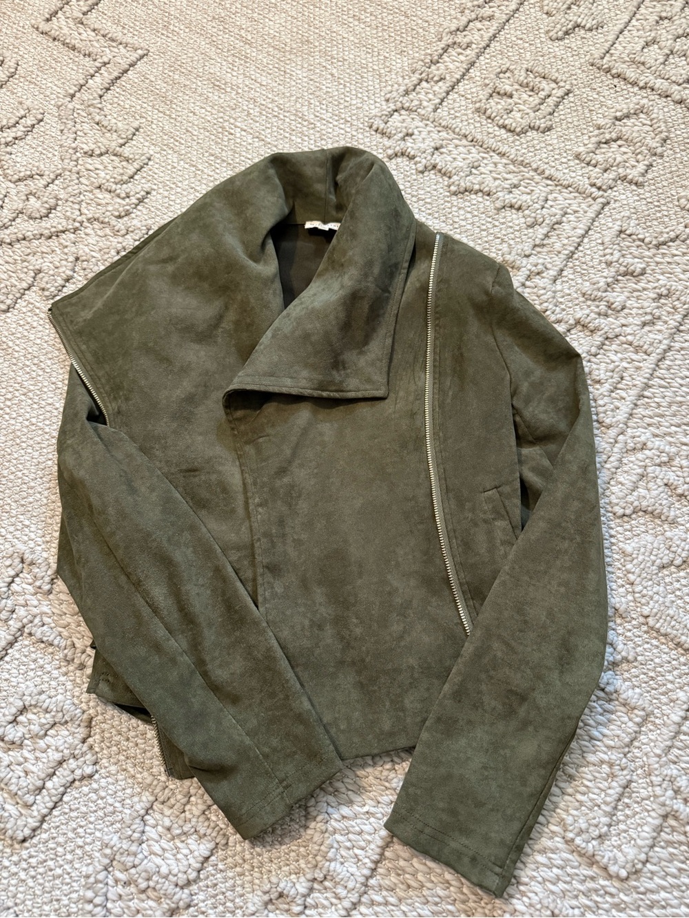 Main Strip Olive Green Suede Asymmetrical Zip Jacket - Women